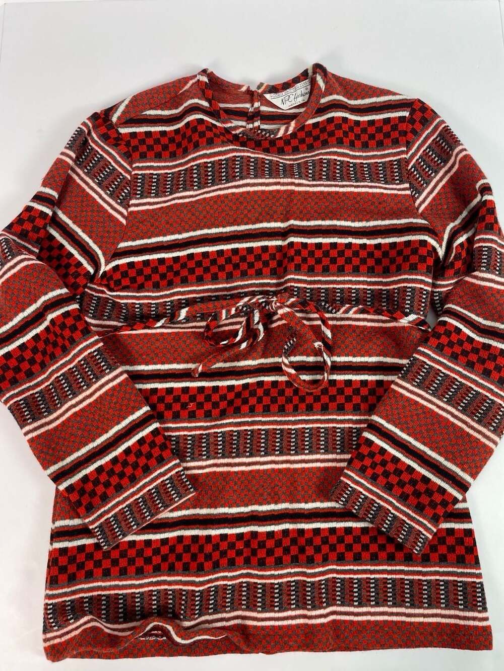Vintage NPC Fashions Knit Tunic Top, Red Checkered Stripe, Tie Waist - Size S
